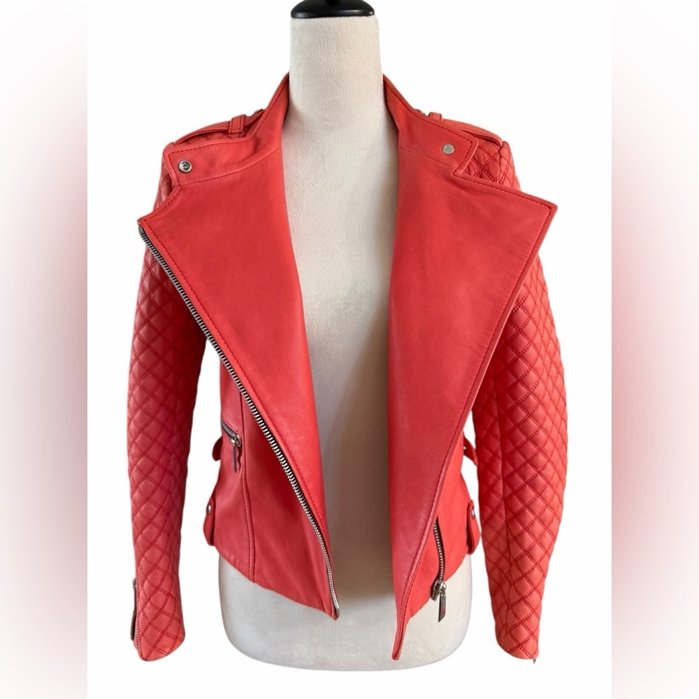 Barbara Bui RARE Coral Lambskin Leather Quilted Sleeves Moto Jacket - Picture 4 of 12